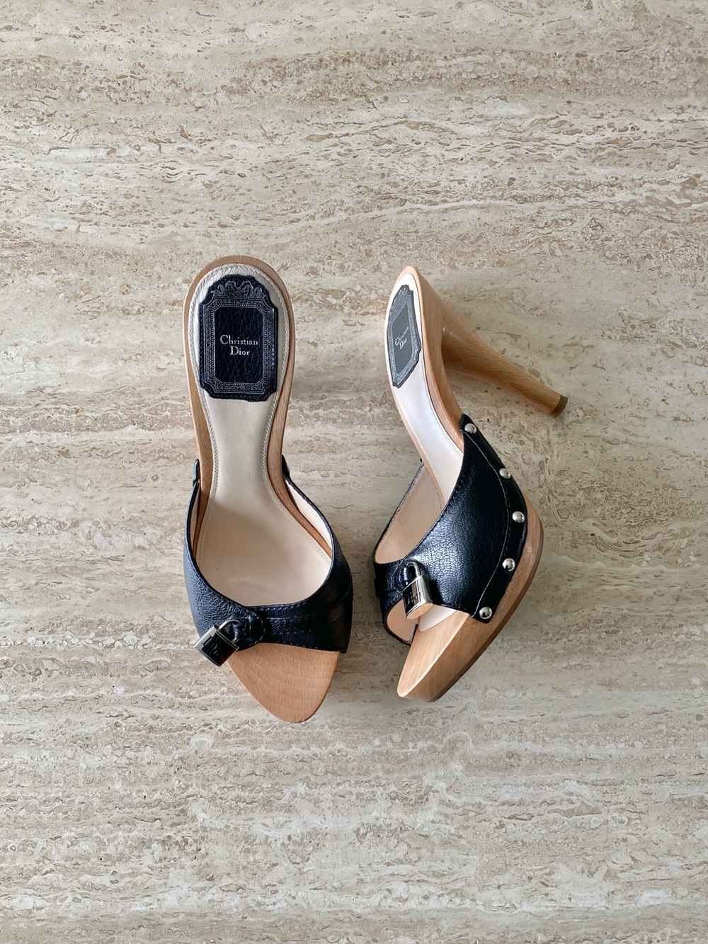 Vintage Dior Logo Lock Charm Clog Mule Sandal Heels